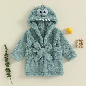 Plush Bathrobes for Toddler Baby Boy Girls Dinosaur Soft Hooded Fleece Sleep Robe with Belt