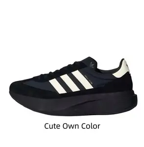 All Black Off-White Three Stripe Retro Platform Sneakers Suede Mix Upper Curved Elevated Cushion Midsole Street Daily Shoes