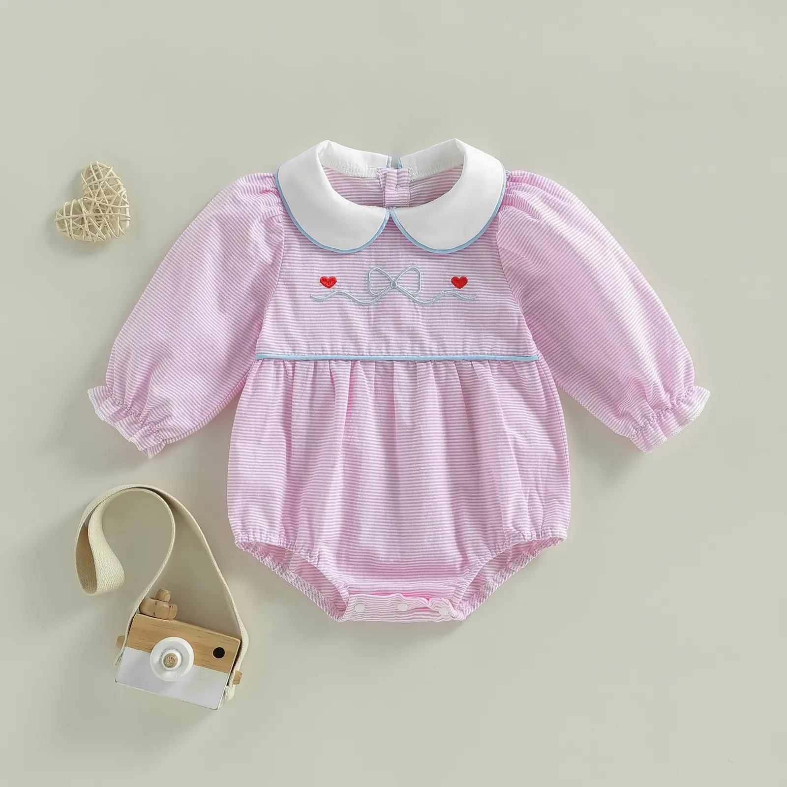Infant Baby Girl Valentine's Rompers Puff Long Sleeve Doll Collar Heart Bow Embroidery Bubble Jumpsuit Spring 0-18 Months