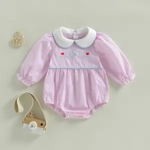 Infant Baby Girl Valentine's Rompers Puff Long Sleeve Doll Collar Heart Bow Embroidery Bubble Jumpsuit Spring 0-18 Months