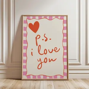 P.s I love you print, Red trendy Valentine print, I Love You Romantic Wall Art, Galentine Decor, Coquette Poster, Minimalist Heart Poster