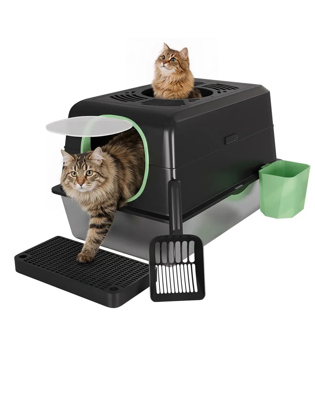 YODOLLA Extra Large Enclosed Stainless Steel Cat Litter Box Enclosure with Lid, Front Dual-Door and Top Exit Metal Cat Litter Pan Box for Big Cats, with Poop Scoop,Box Step, Waste Bin & Trash Bags