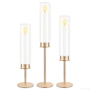 Garvee Set of 3 Gold Hurricane Glass Candle Holders with Clear Cylinder Sleeves, Elegant Taper Candlestick Holders Perfect for Wedding, Birthday, Christmas, and Home Decor Centerpieces