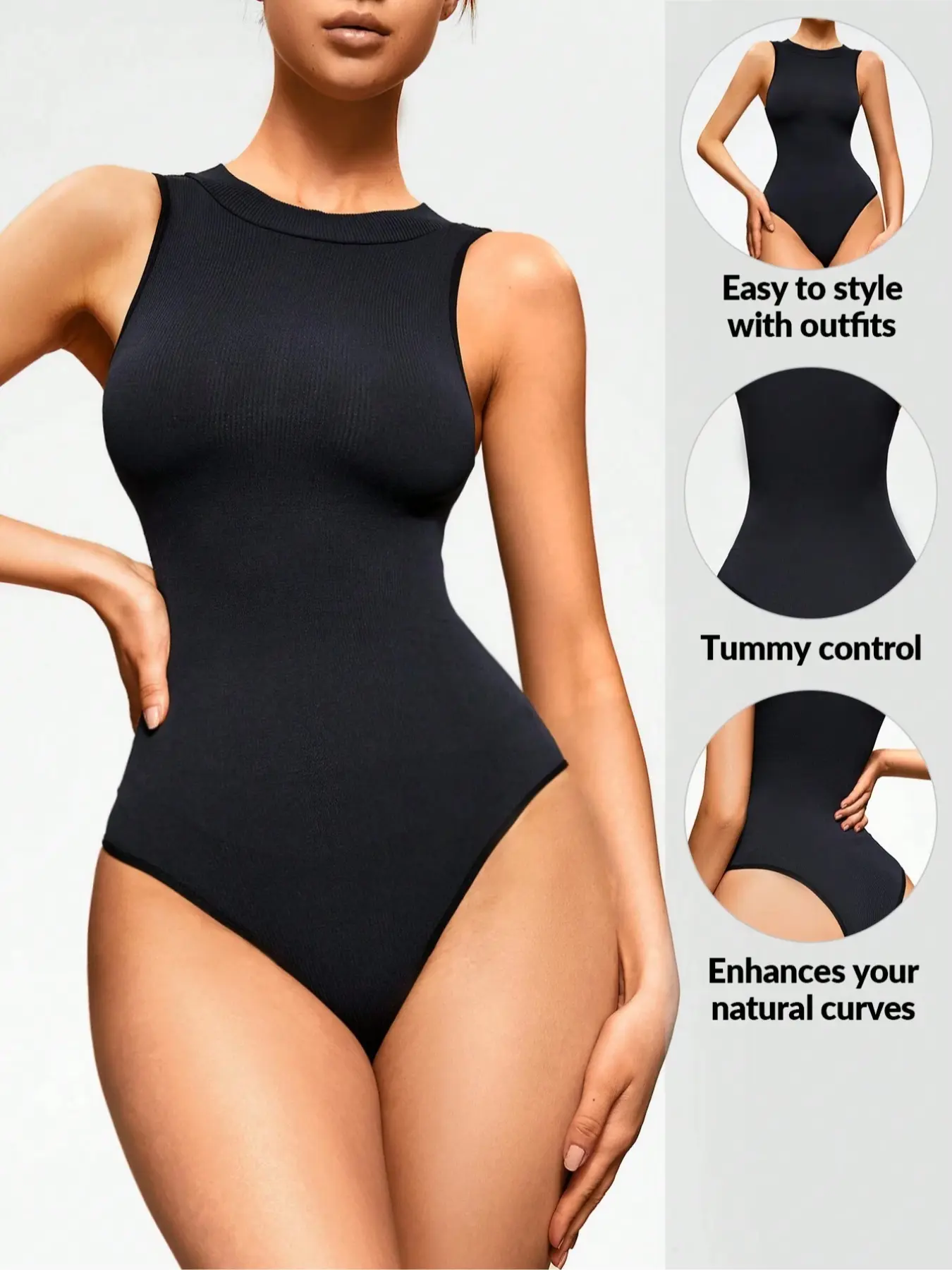 Seamless Ribbed Striped One-Piece Bodysuit, Waist Cinching Shaping Curve, Single Wear Layering, Easy Stylish Look, All Seasons