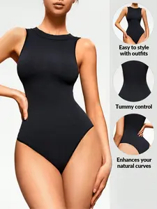 Seamless Ribbed Striped One-Piece Bodysuit, Waist Cinching Shaping Curve, Single Wear Layering, Easy Stylish Look, All Seasons