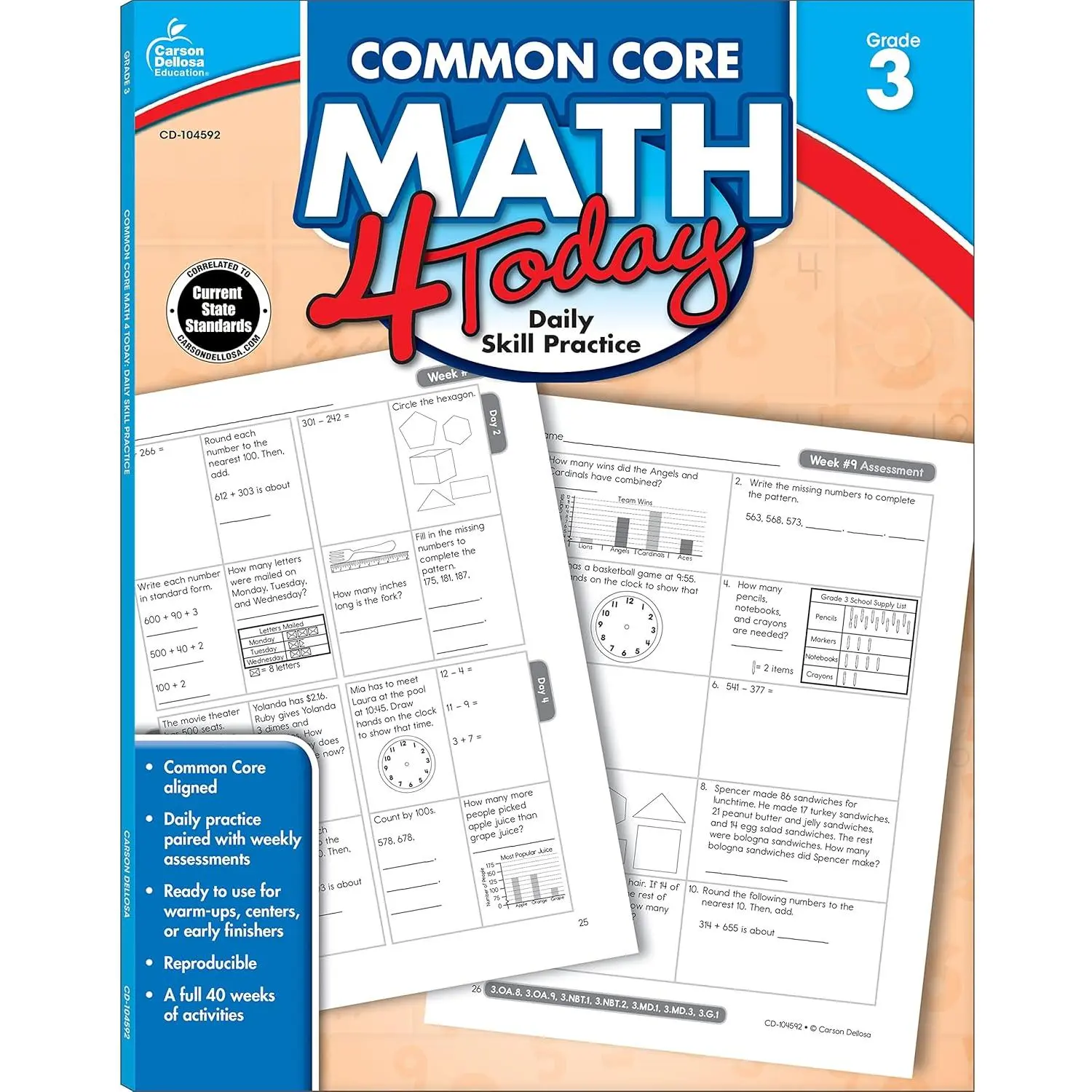 Carson Dellosa Common Core Math 4 Today 3rd Grade Workbooks, Telling Time, Fractions, Addition, Subtraction, Multiplication, Division, and More ... Curriculum (Volume 6) (Common Core 4 Today) - Paperback