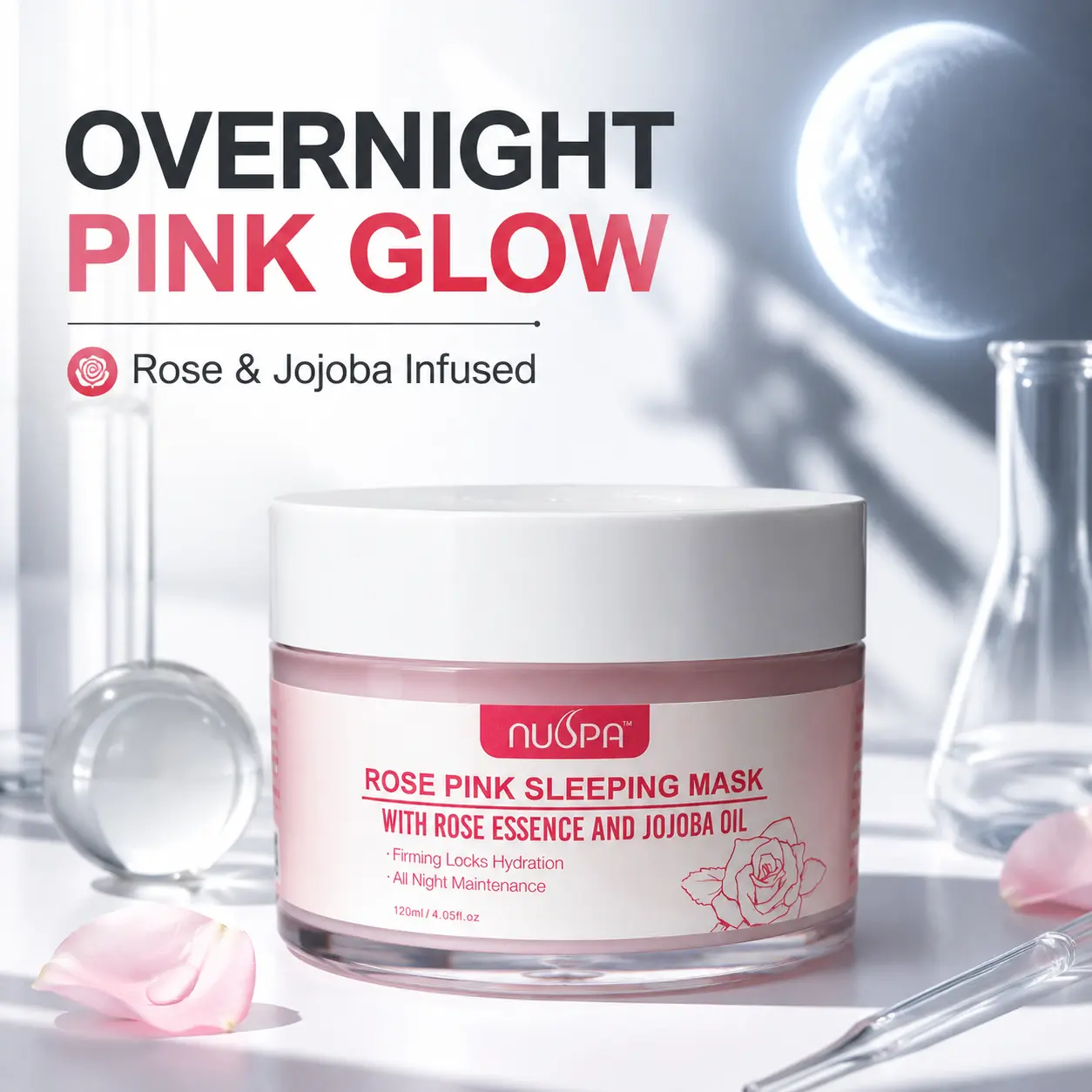 Unisex Rose Pink Sleep Mask Cream (120ml/4.05oz) - Overnight Hydration & Firming Face Mask with Rose Essence, Jojoba Oil, Hyaluronic Acid for Soft, Radiant Glass Skin