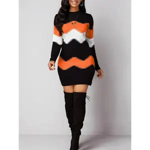 Women Fashion Print Slim Knitted Dress Female Long-sleeve O-neck Elegant Bodycon Package Hips Mini Dresses 5XL