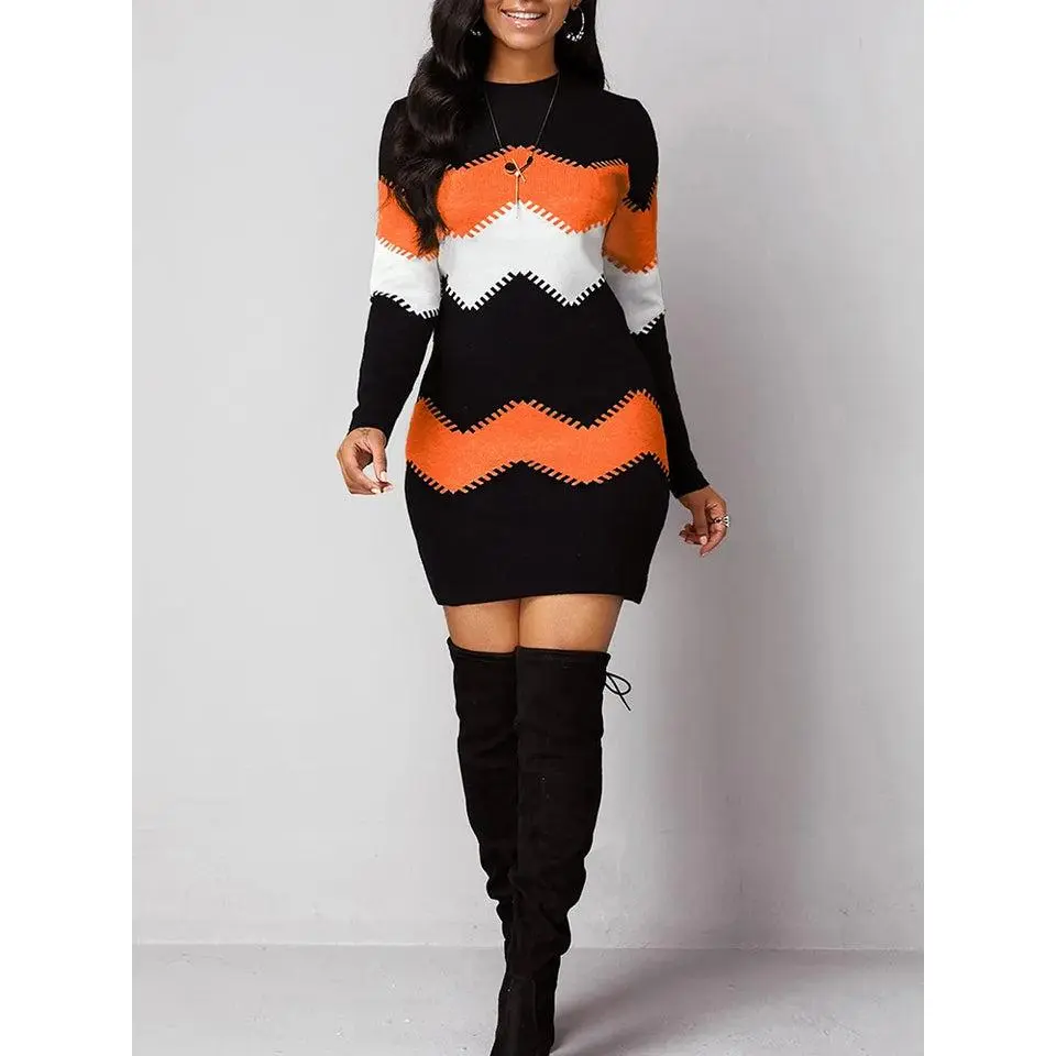 Women Fashion Print Slim Knitted Dress Female Long-sleeve O-neck Elegant Bodycon Package Hips Mini Dresses 5XL
