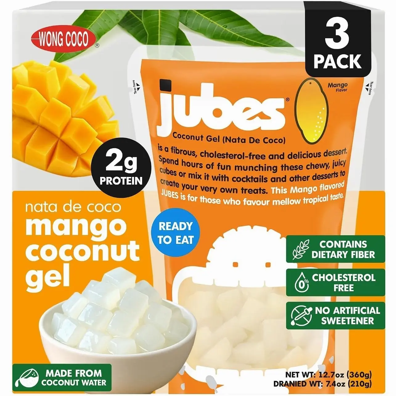 Jubes Mango Nata De Coco Jelly Cubes (12.7 oz, Pack of 3) - Mango Coconut Jelly Cubes for Sago - Coconut Gel in Syrup Toppings for Fruit Tea, Boba, Bubble Tea, Drinks, Desserts Yogurt, Ice Cream, Beverage