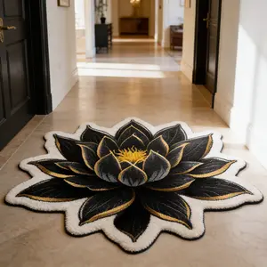 Black gold lotus shaped carpet, black gold contrasting velvet floor mat, bedroom bedside anti slip and wear-resistant foot mat, light luxury decorative mat, Decorative Rug, suitable for ins/new Chinese style home decoration