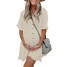 AUSELILY Babydoll Dress for Women Short Sleeve Button Down Textured Non-clingy Loose Fit Flowy Mini Dress with Pockets 2026 New Summer Dress Beachy Style Dress Casual