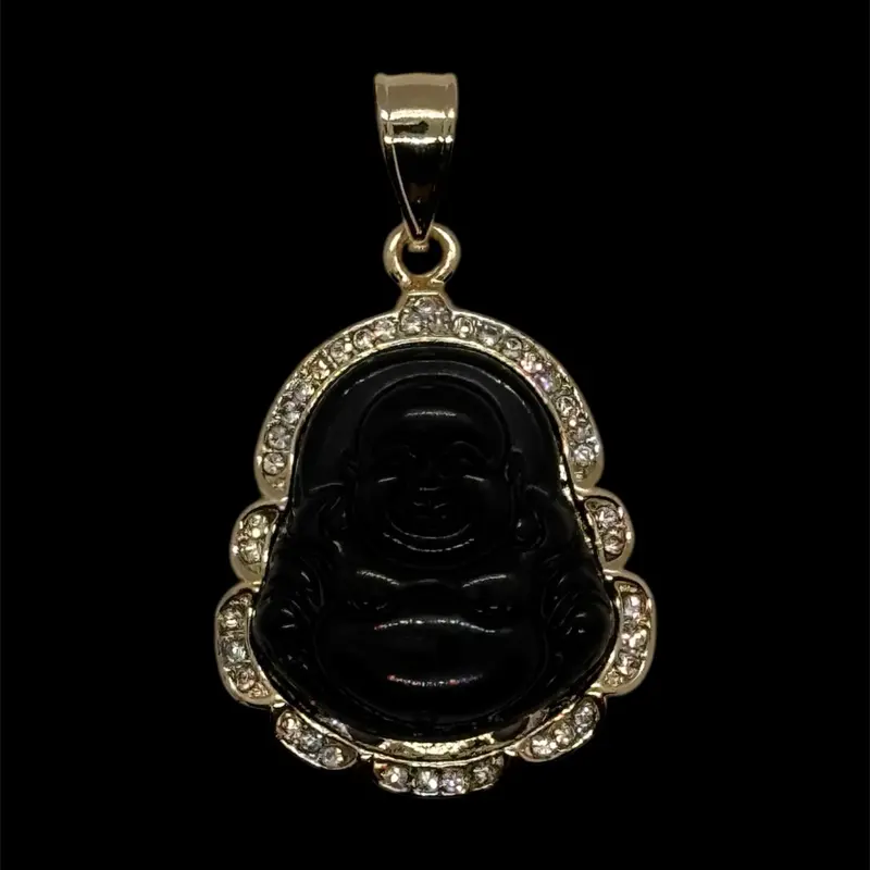 14K Gold Plated Buddha Pendant Gold Plated Buddha Charm with Rhinestones Artificial Jade Gold Filled Buddha Charm Necklace- Black