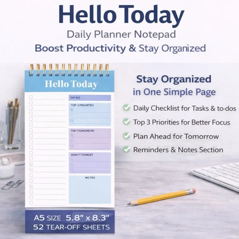 Hello Today Daily Planner Notepad - Office & Student Stationery, Compact Convenient Tool with Smooth Paper & Blank Pages, Versatile and Durable for Ideas, Notes, Reminders