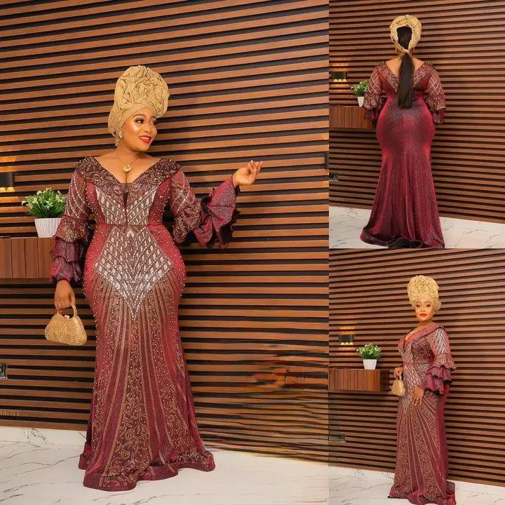 Elegant Wine Ruffle Sleeve Embellished Maxi Dress for Wedding Guest Dinner Party Reception Mother of The Bride Photoshoot Exquisite Curvy Hourglass Silhouette Shimmering Embellishments Turkey Formal Evening Dresses for Women Plus Size Womenswear