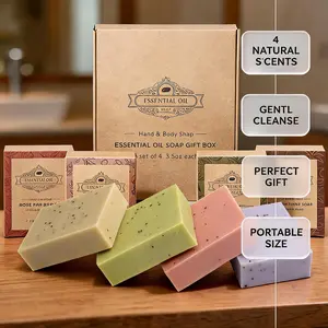Essential Oil Soap Gift Set – 4-Pack Handmade Plant-Based Bar Soap, Rose, Coconut, Tea Tree & Lavender Scented, Vegan & Moisturizing, Individually Wrapped, Great Gift for Family
