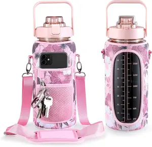 Half Gallon Water Bottle With Sleeve 64oz (2L) Inspirational Water Bottle With Straw and Time Stamp, BPA Free Gym Water Bottle Drink Drinkware