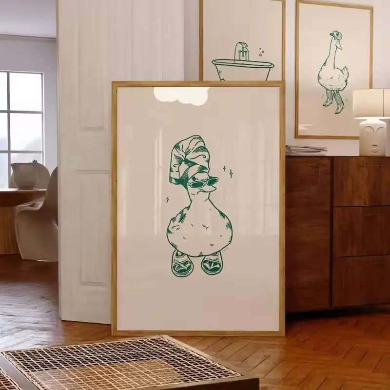 Cool Duck in Slippers Wall Art, Vintage Duck Print, Funny Bathroom Decor, Green Animal Poster, UNFRAMED