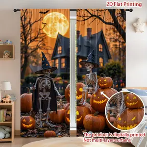 2pcs Halloween Skeleton Witch Curtains - Spooky Jack-O'-Lanterns & Haunted House Design, Lightweight Polyester, Rod Pocket for Easy Hanging, Perfect for Bedroom & Kitchen Decor, Halloween Decorations, Halloween Curtain Vintage