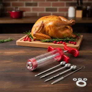 BBQ & Thanksgiving Turkey Meat Injector Kit - 1-oz Plastic Marinade Syringe with 3 Stainless Steel Needles, 3 O Rings & Cleaning Brush for Holiday Cooking