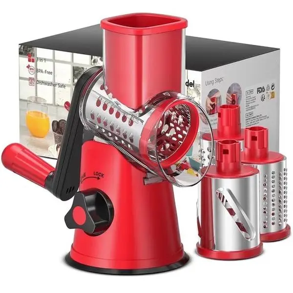 Rotary Cheese Grater, Kitchen Grater Vegetable Slicer with 3 Interchangeable Blades, Powerful Suction, Dishwasher Safe, Easy to Clean Grater for Cheese,Vegetable, Fruit, Nuts