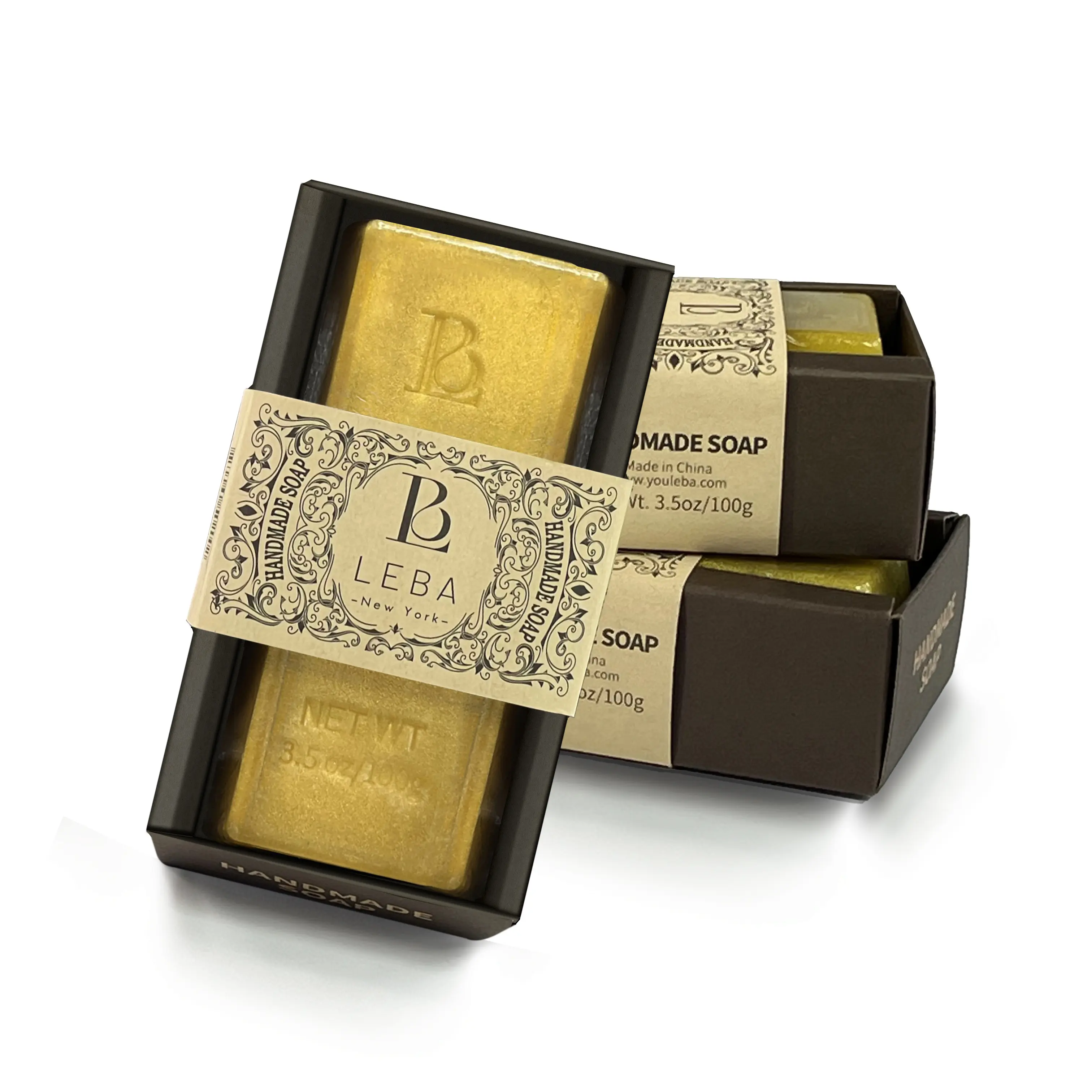 LEBA Luxury Golden Artisan Soap Bar - Olive & Camellia, Shea, Glycerin, Moisturizing, Cleansing, Nourishing, Soothing, Clear Vegan Body Care Body Wash Smooth