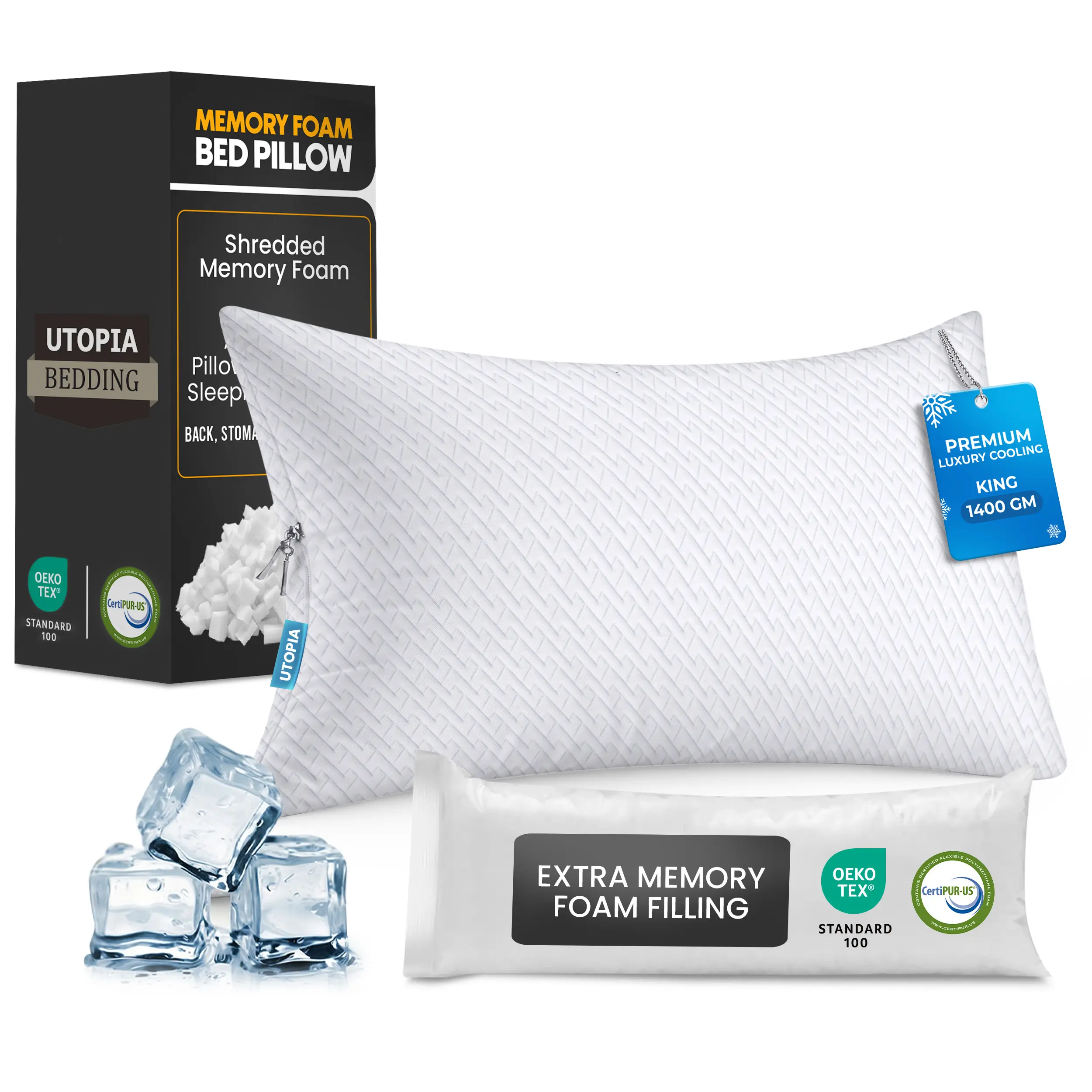 Utopia Bedding Supportive Shredded Memory Foam Pillow - 1 Pack, Cooling Adjustable, Ergonomic Plush Support, Jacquard-Polyester Washable Cover, Extra Memory Foam, for Side/Back Sleepers, Bedroom Decor (King/Queen Sizes), Memory Foam Cushioning, Sleep Cush