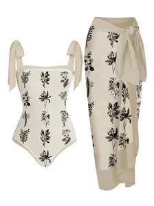 BEIGE 1950S INK FLORAL ONE-PIECE SWIMSUIT & COVER-UP Beach Outdoor Wear Outfit with Tie Shoulder Straps & Removable Pad for Summer Elegance