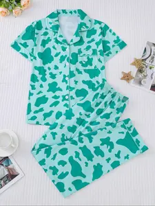 Women's Sleepwear Set, Cow Pattern Printed, Elegant Casual, Comfortable Lapel Short Sleeve Top & Wide Leg Elastic Pants, Pajama Set