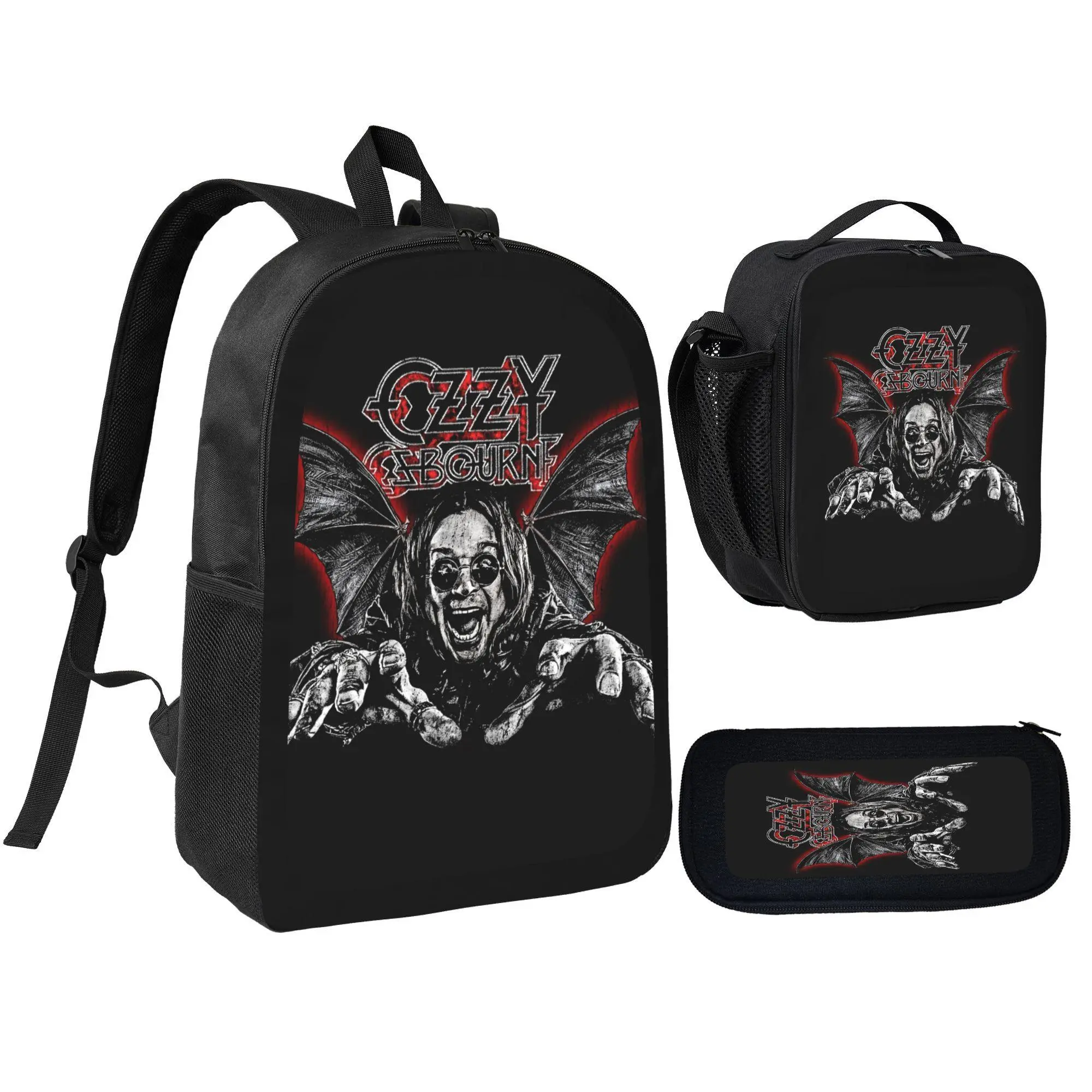 [3Pcs Backpack Set] Ozzy Osbourne Bat Wing Skull Graphic with Lunch Bag Pencil Pouch School Bag for Teens Adults Rock Music Fans Daily Use