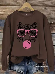 Women's Casual Tiger Print Fitted Pullover Sweater, Soft Long Sleeve Round Neck Sweatshirt, All-Season Comfortable Daily Wear, Animal Print