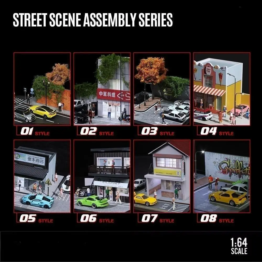 1:64 Scale LED City Diorama Assembly Kit Parking Garage Convenience Store Restaurant & Repair Shop Detailed Building Model for Model Car Collection Enthusiast Gift Miniature Street Scene Display