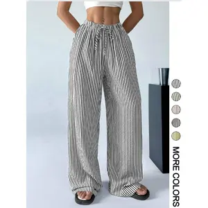 Women's Striped Print Drawstring Waist Pants, Casual Comfy Wide Leg Trousers for Daily Wear, Ladies Bottoms for All Seasons