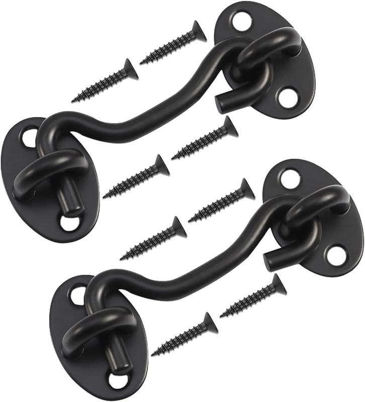 Barn Door Lock Gate Latch - 2 Pack 4 Inch Black Hook and Eye Latch Heavy Duty Screen Latches Hardware Stainless Steel Gate Lock Cabin Hooks for Sliding Door Bedroom Outdoor Window Cabinet Bathroom (Black)