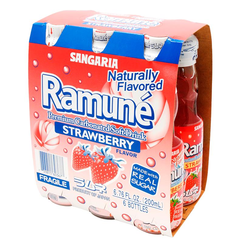 Sangaria Ramune Premium Carbonated Soft Drink, Strawberry or Lychee Flavor – 6 Pack (6.76 oz each), Popular Japanese Beverage