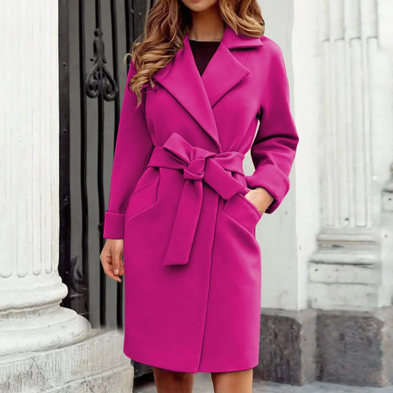 Women's Hot Pink Trench Coat, Chic Belted Polyester Overcoat with a Lapel Collar for Casual Fall Fashion, Style, Essential, Outerwear, Lady, Jacket, Long Sleeve, Solid