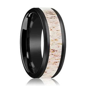 TAIL Off White Antler Inlay Black Ceramic Wedding Band