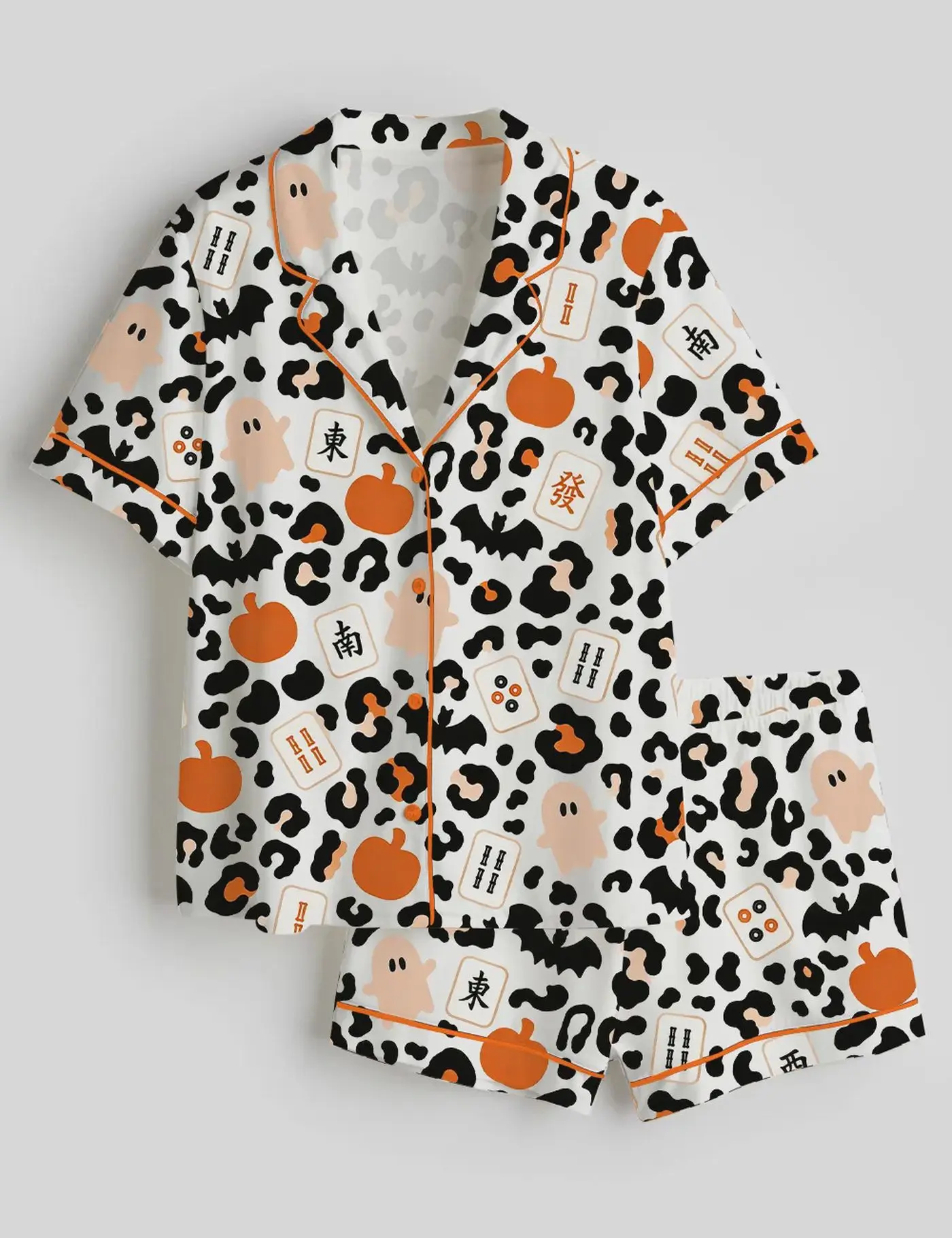 Women's Halloween Mahjong Satin Pajama Set Pumpkin Ghost Sleepwear