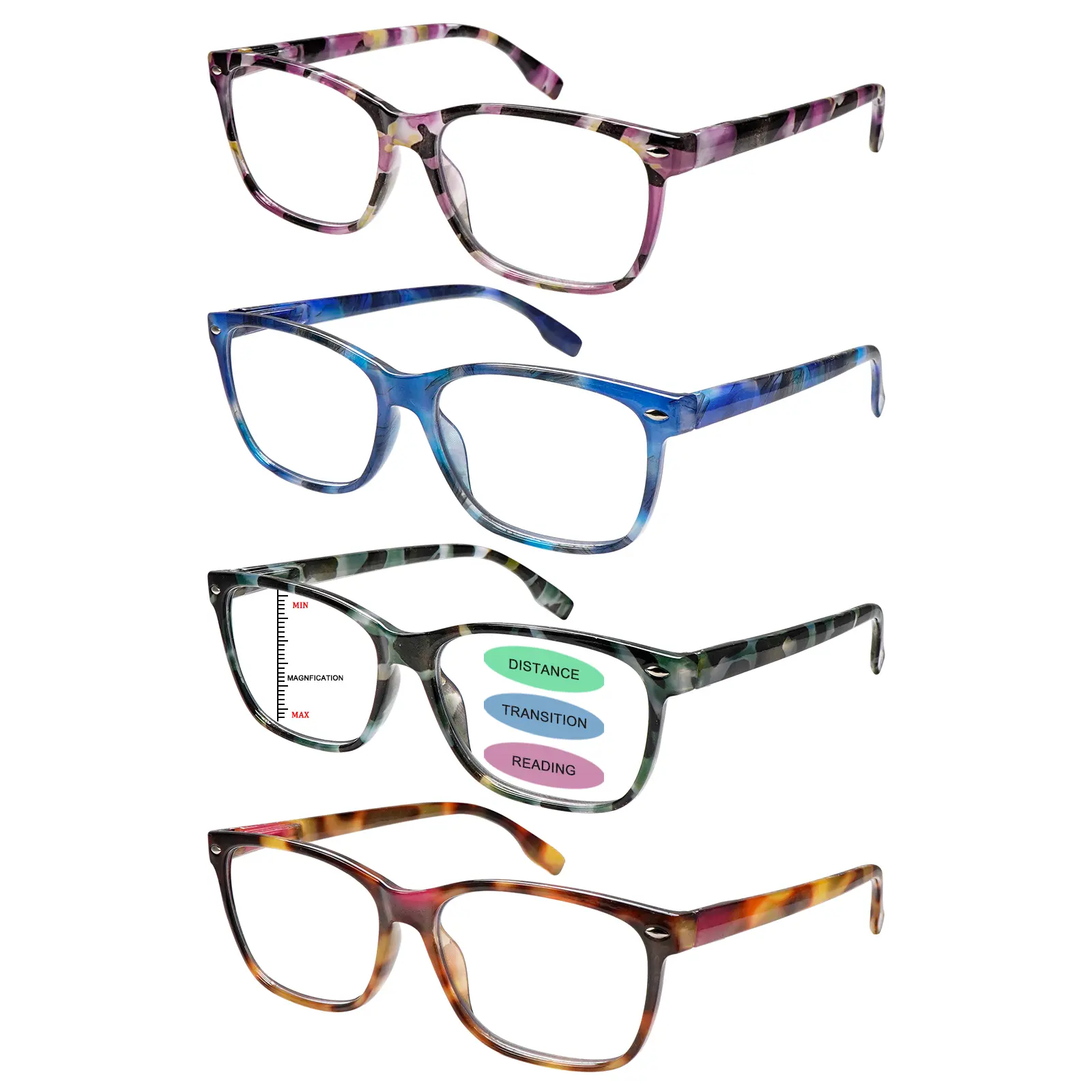 4-Pack Progressive Multifocal Blue Light Blocking Reading Eyeglasses - Stylish Square Frame, Spring Hinges, 3-Level Vision Adjustment, Ideal for Computer Work & Daily Commuting, Durable Mix Color