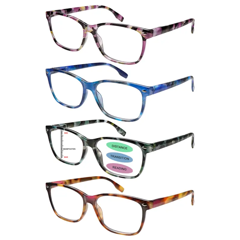Unisex 4-Pack Progressive Multifocal Square Frame Eyeglasses - Blue Light Blocking Lenses, Durable Plastic Full Rim, Spring Hinge, 3-Level Vision Adjustment, Mixed Color Family Gift Set in Heart Box for Computer Work, Comfortable Fit