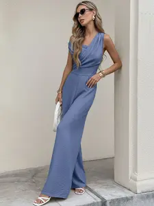 A women's Casual solid color one-sided off-shoulder sleeveless crisscross pleated top high-waisted slim-fitting wide-leg jumpsuit, for summer, suitable for social, evening, street, occasions.