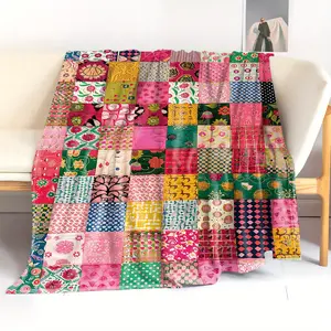 1pc Vibrant Patchwork Pattern Flannel Blanket - Soft, Cozy Throw with Floral & Geometric Designs for Bed, Sofa, Office, Camping - Mid-Century Style, All-Season Comfort