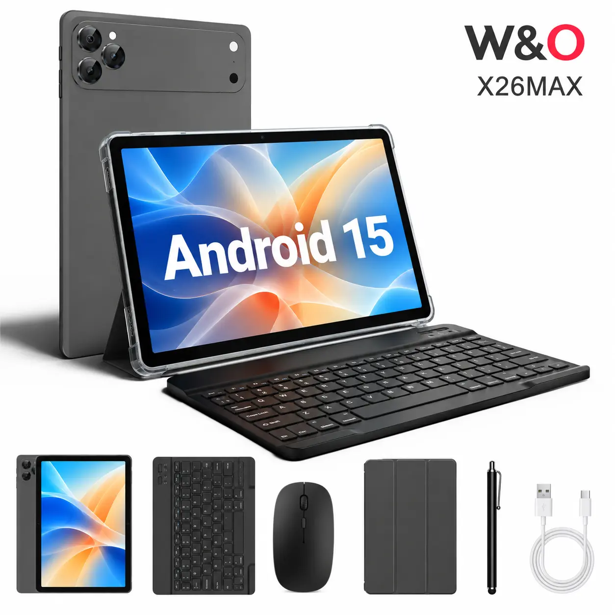 W&O X26MAX Android Tablet with Keyboard, 10.1-Inch Display, Android 15, 12GB RAM + 256GB Storage, 10000mAh Battery, GPS, Mouse Stylus & Case Included, Tablet for Students, Work, Streaming and Daily Use