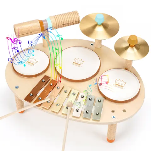 Joyreal Drum Set with Xylophone for Kids - 4 in 1 Musical Instruments Set for Toddlers, Wooden Montessori Toys, Christmas Birthday Gifts Ideas, Multifunctional Drum Kit, #backtoschool