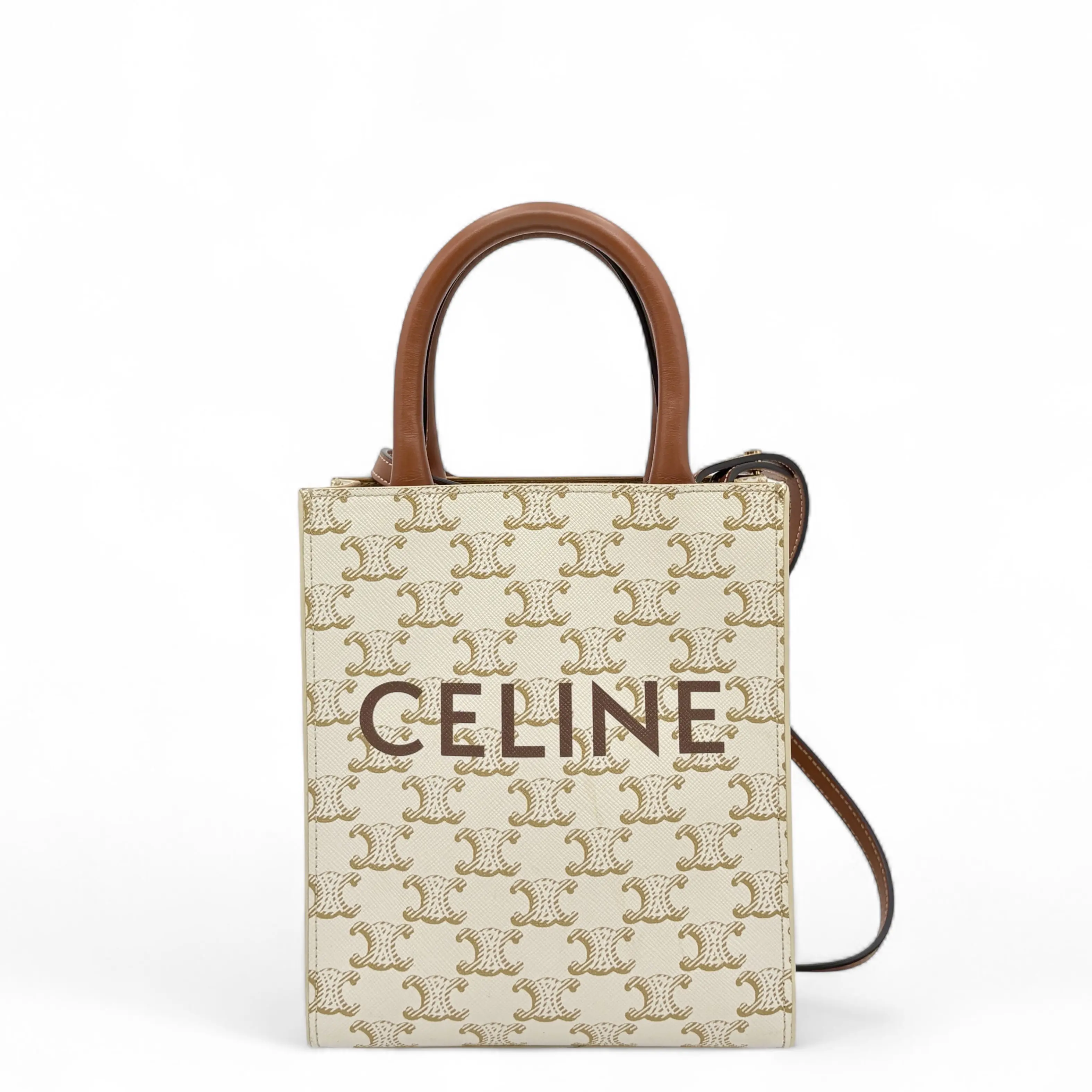 Pre-owned Celine Leather tote bags Nano Vertical Cabas Triomphe White Brown (pp0924m9)