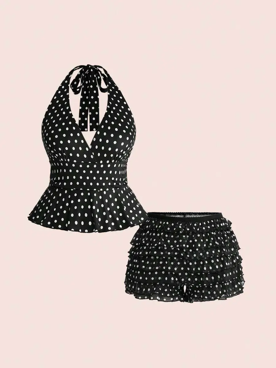 Women's Retro Y2K Polka Dot Print Ruffle Trim Halter Top And Puff Shorts 2 Pieces Set