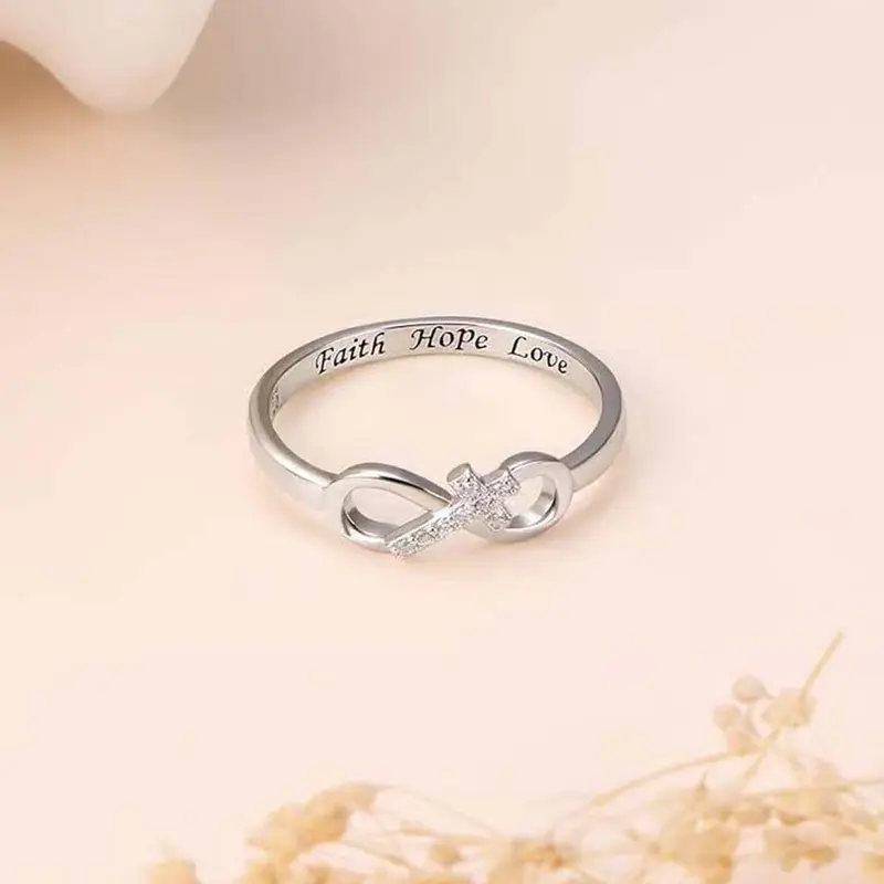 "Faith Hope Love" Symbolic Personalized Infinity Cross Ring with Zircon, Number 9 Adults' Adjustable Couple's Jewelry, Rings for Women, Daily or Gift Wear