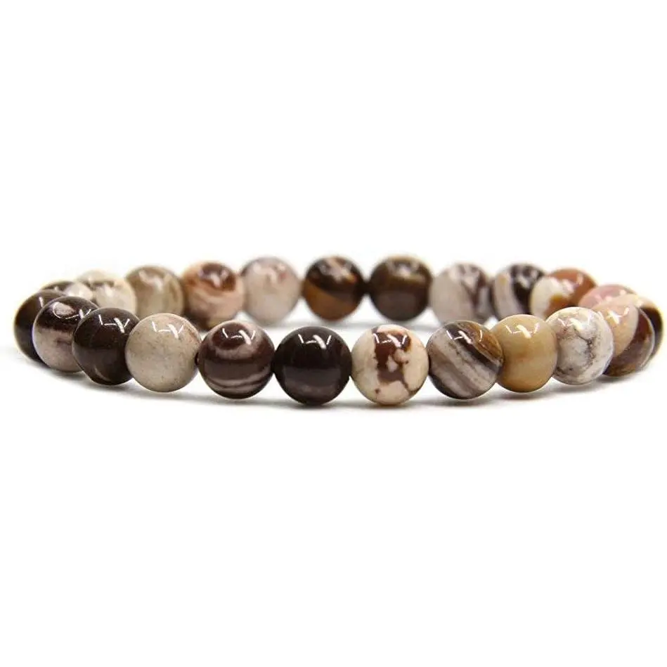 Natural African Zebra Jasper Gemstone 8mm Round Beads Stretch Bracelet 7 Inch