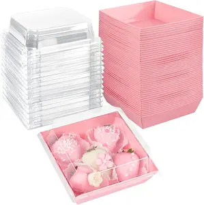 Small Charcuterie Boxes 50 Pack with Clear Lids 4x4 Inch To Go Disposable Paper Food Containers Bakery Treat Boxes Desserts Cake Slice Cookies Strawberries Pink 50