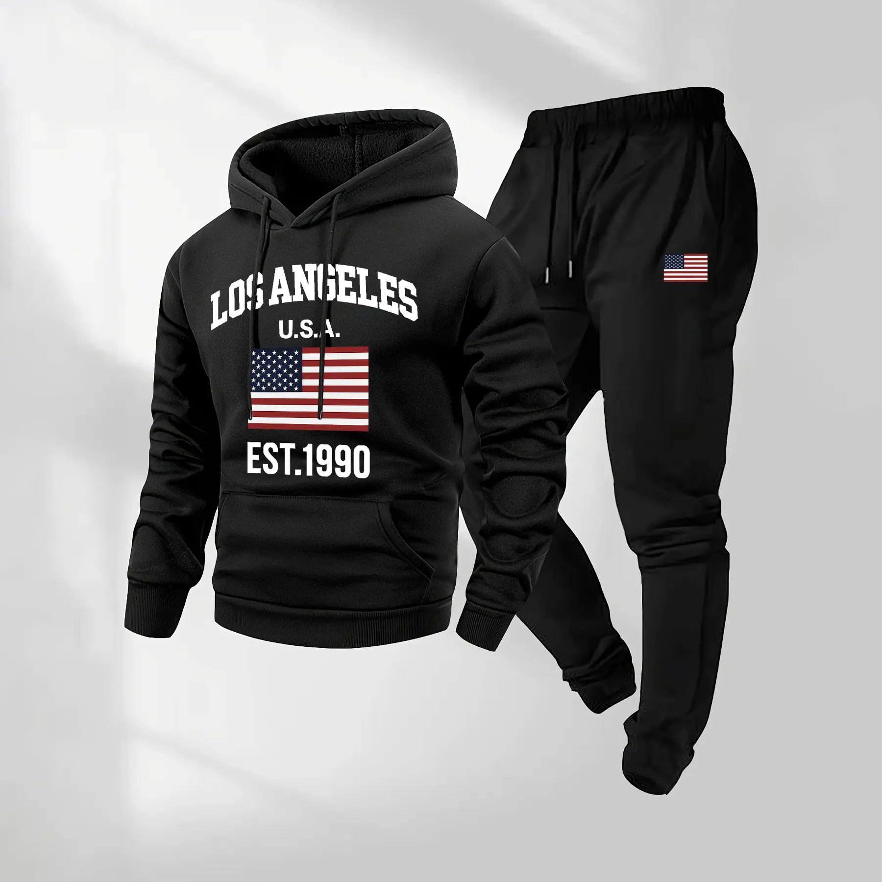Men's Los Angeles Print Hooded Sweatshirt And Drawstring Sweatpants Set, Men's Clothing, Casual Sports Long-Sleeved Hooded Jacket And Pants, Suitable For Autumn And Winter Wear, Men's Everyday Casual Wear, Indoor And Outdoor Sportswear, Tracksuit.